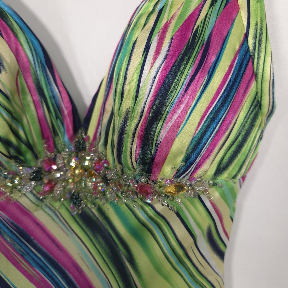 Mac Duggal Couture Size‎ 0 Maxi Dress Open Back Slit Satin Multicolor Striped - Picture 13 of 16